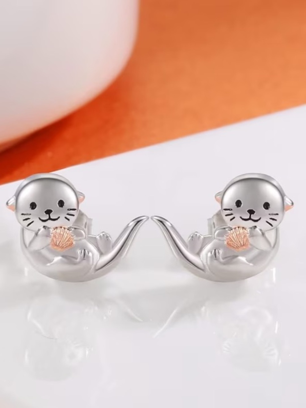 Silver Sea Otter Stud Earrings - Picture 3 of 3